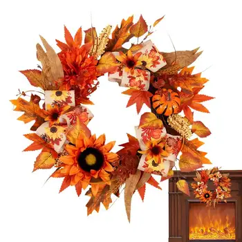 Тиквен венец на вратата, изкуствен слънчоглед, Есенни декорации от тиква венец, Тиква венец на Деня на Благодарността, Селски парти за събиране на реколтата