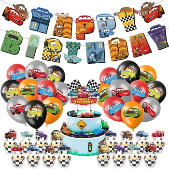 Украса за парти в чест на рождения ден на тема Disney Cars, торта с флага и стикер с балон, за да проверите за партита за състезатели