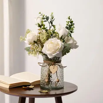 Украса на офис масата Букет от изкуствени цветя от Коприна договореност в пасторальном стил Декор на бели рози за спални за дома