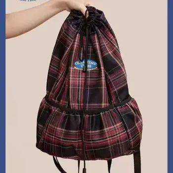Училищната чанта на съвсем малък в английски стил, Американски ретро карирани раница с бродирани логото, Модни пътна чанта Y2k