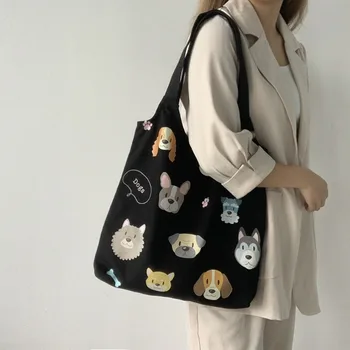 Холщовая чанта през рамо с принтом кученце, нови холщовые красиви чанти-тоут, чанта през рамо с голям капацитет