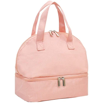 Чанта за обяд с две отделения за жени и деца, изолирано чанта-тоут за обяд, водоустойчив запечатани чанта-хладилник за обяд, розова