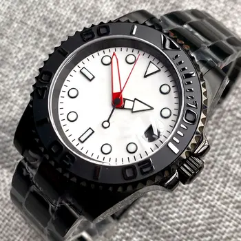 Черен водоустойчив мъжки автоматичен часовник NH35A Бял циферблат Nologo Стрелка Стрелка 904L Гривна Сапфирен кристал 40 мм Часовници за гмуркане